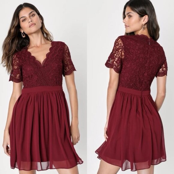 Lulus Angel in Disguise Burgundy Lace Skater Dress - Lace Mini - Small - Picture 15 of 15